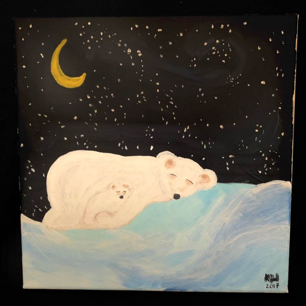Original Art Polar Bear&Cub Snowy Night Painting